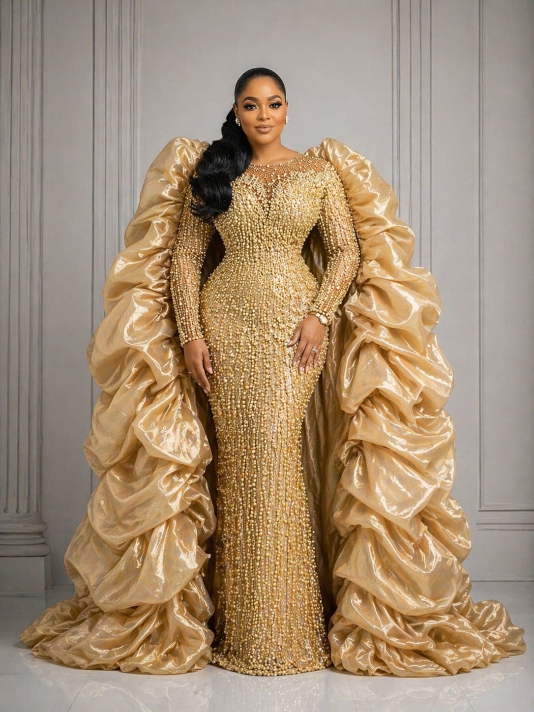 Gold beaded gown with cape